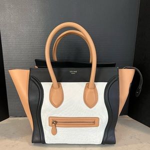 CELINE Black Tan White Calfskin Leather Mini Luggage Tote Bag